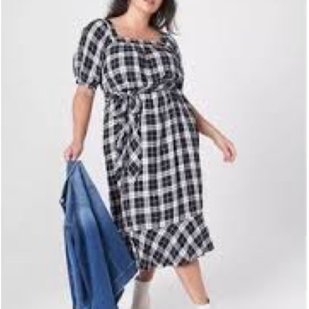 Lane Bryant Dress 18/20 Black White Flannel Plaid Square Neck Puff Sleeve Belted